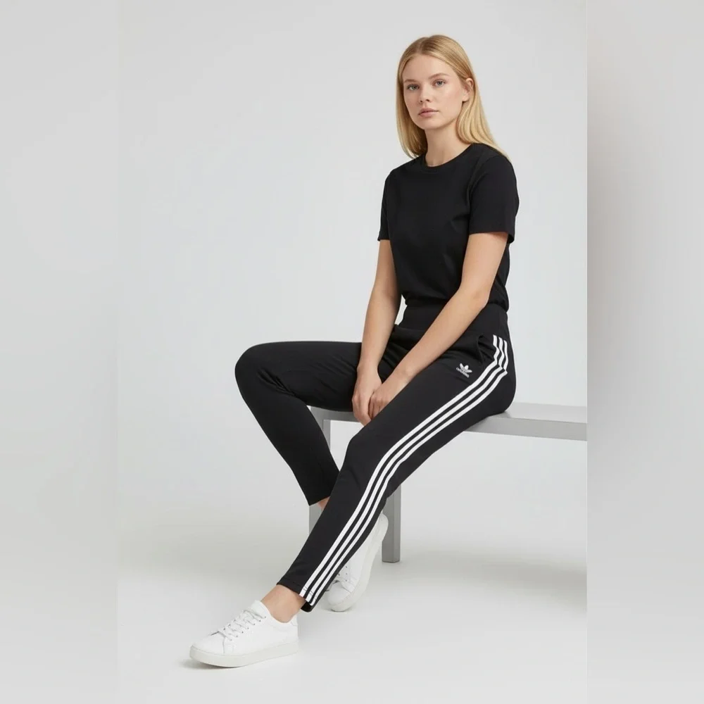 Adidas activewear yoga sports leggings black striped pocket wide waist Women M